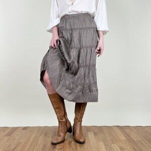 Vintage 100% Silk Tiered Midi Skirt Crochet Lace Western Boho Rustic Cottagecore